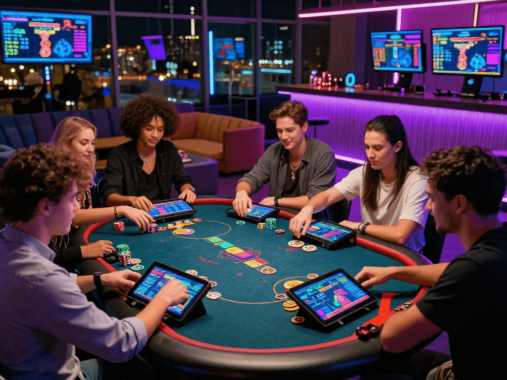 Exciting crypto casino gaming with friends at a high-tech virtual poker table, vibrant digital screens.