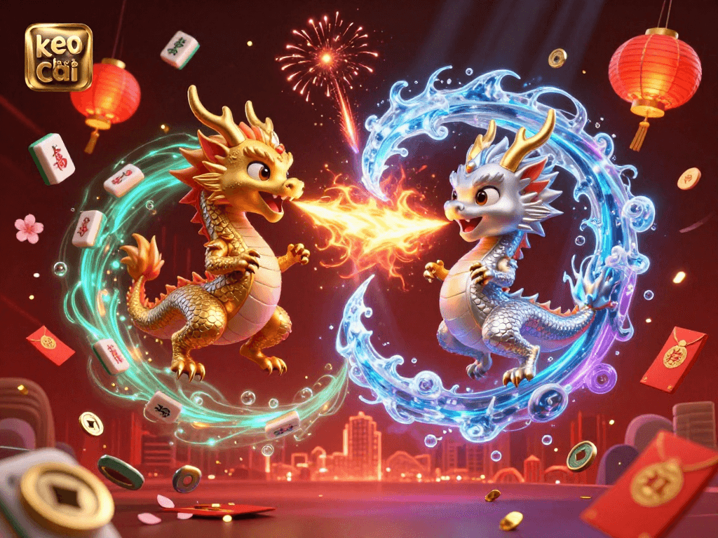 Engage with keo nha cai in a vibrant 3D illustration of cartoon dragons amidst festive gambling elements, symbolizing strategy and excitement.