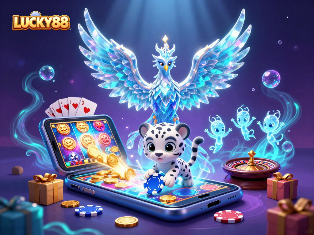 LUCKY88 spins to win with a vibrant casino scene featuring a 3D phoenix and colorful gaming elements.