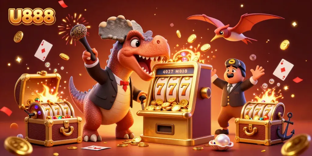 U888 jackpot scene with a pachycephalosaurus at a slot machine, capturing gold coins.
