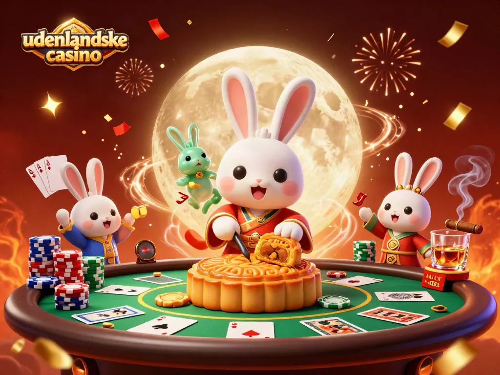 Experience the thrill at udenlandske casino with the moon rabbit and poker elements on a vibrant lunar scene.