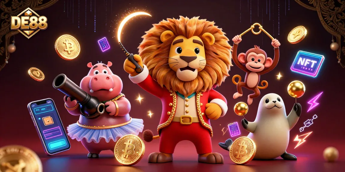 Engage with DE88's vibrant circus-themed casino scene featuring crypto elements and dynamic characters.