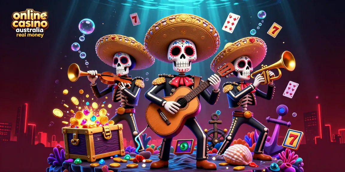 Experience the thrill of online casino Australia real money with vibrant 3D mariachis and dazzling game elements.