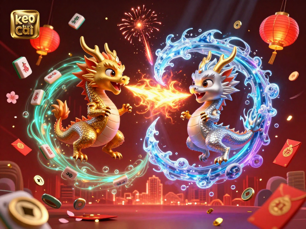 Engage with keo nha cai in a vibrant 3D illustration of cartoon dragons amidst festive gambling elements, symbolizing strategy and excitement.