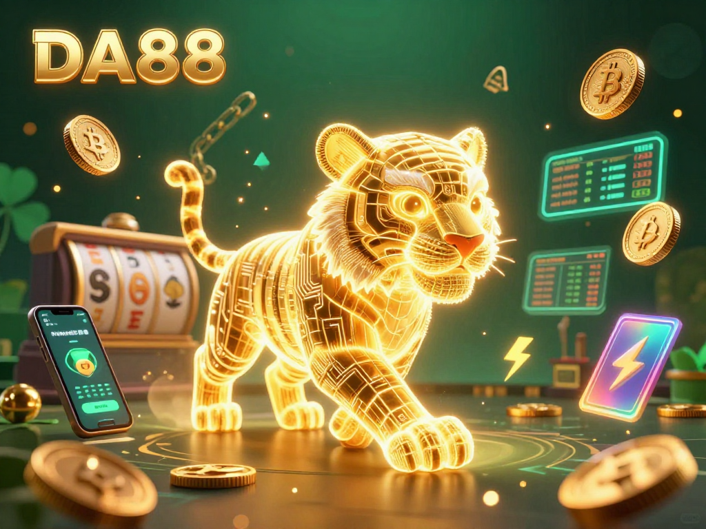 Win big at DA88 casino with a vibrant 3D illustration showcasing a glowing golden tiger amidst Bitcoin and Ethereum coins.