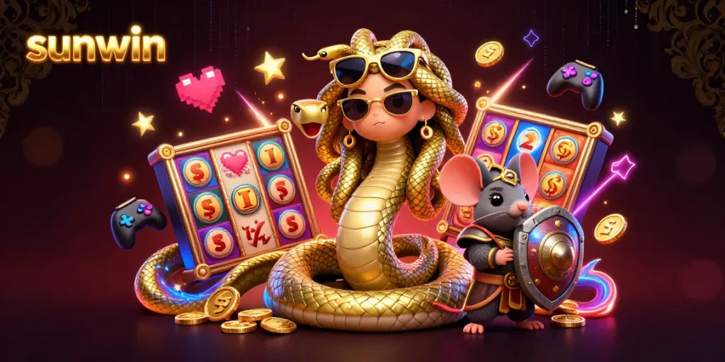 Experience thrilling gameplay with sunwin featuring a friendly Medusa and warrior mouse surrounded by colorful slot machines.