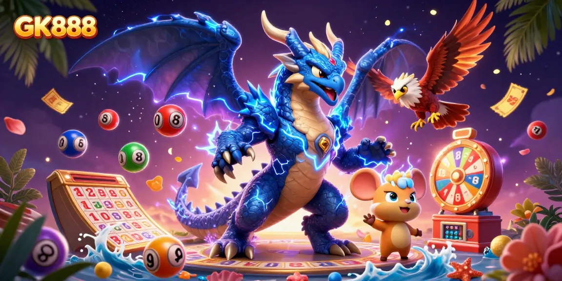 Experience thrilling gameplay at GK888 with vibrant lottery elements, a thunder dragon, and dynamic casino features.