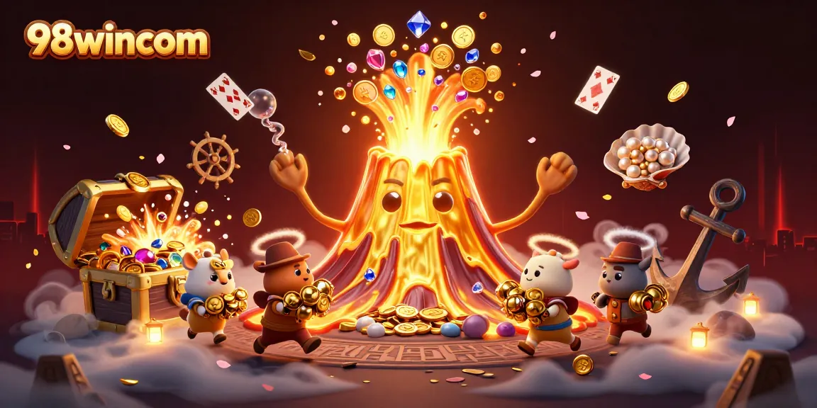 Win big with 98wincom at our vibrant casino-themed illustration featuring treasures and playful characters.