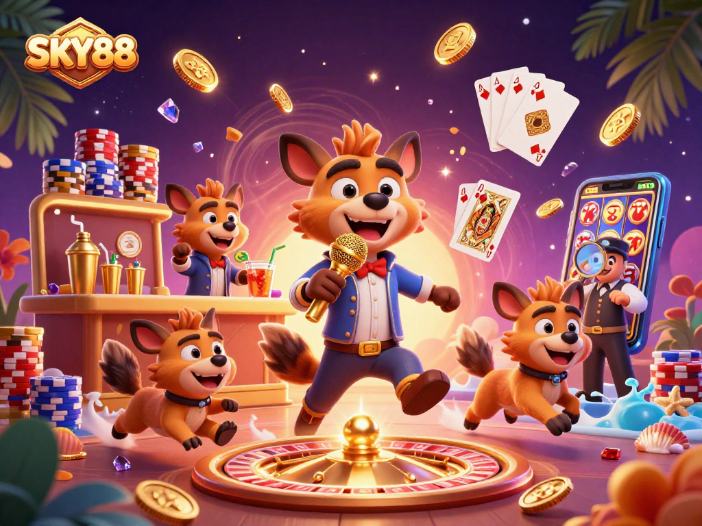 Experience the excitement at SKY88 with vibrant cartoon hyenas in a casino scene, showcasing games and fun.