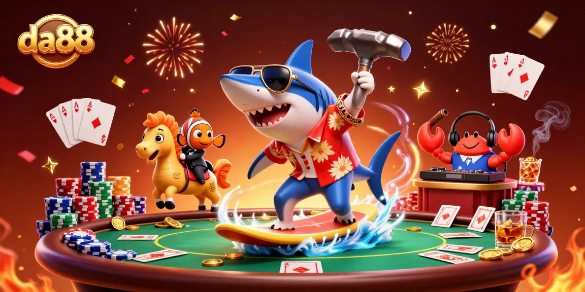 da88 casino scene featuring a hammer-head shark celebrating with gold coins and poker elements.
