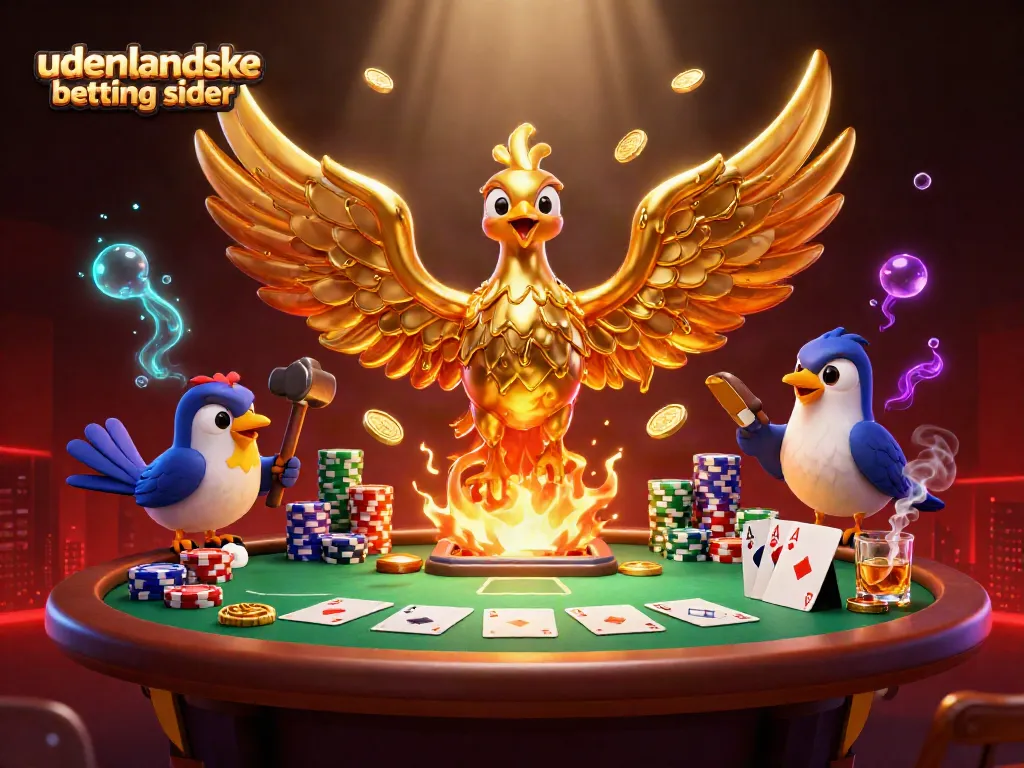 Engage with udenlandske betting sider featuring golden phoenix and poker elements, rich with colors and details.