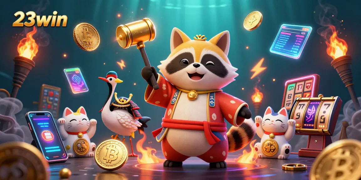 Play and win big at 23win with this vibrant 3D casino illustration featuring lucky symbols.