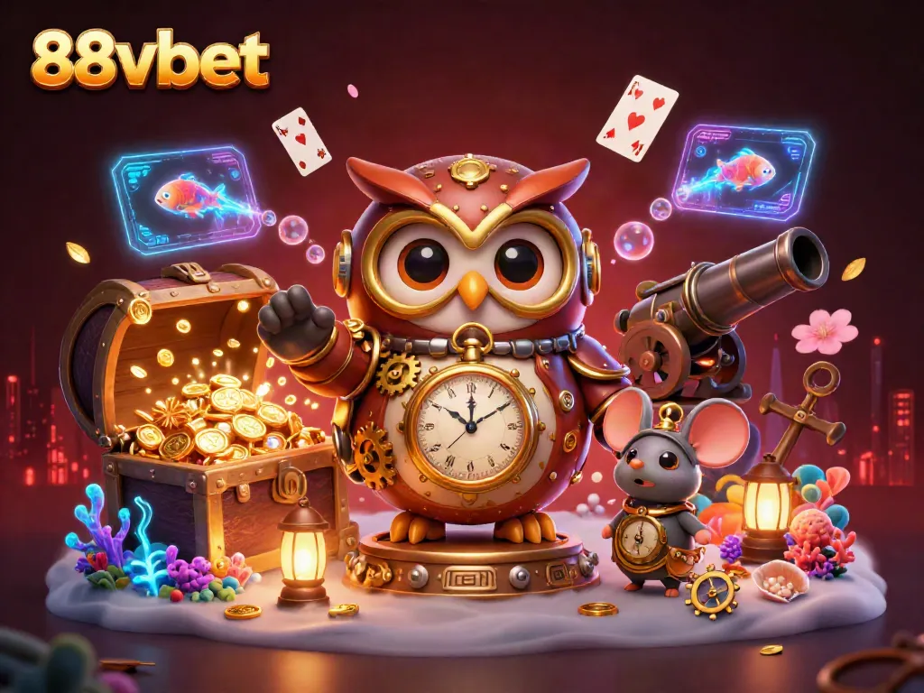 Experience the thrill of winning with 88vbet in this vibrant 3D casino illustration featuring a time-traveling owl and steampunk elements.