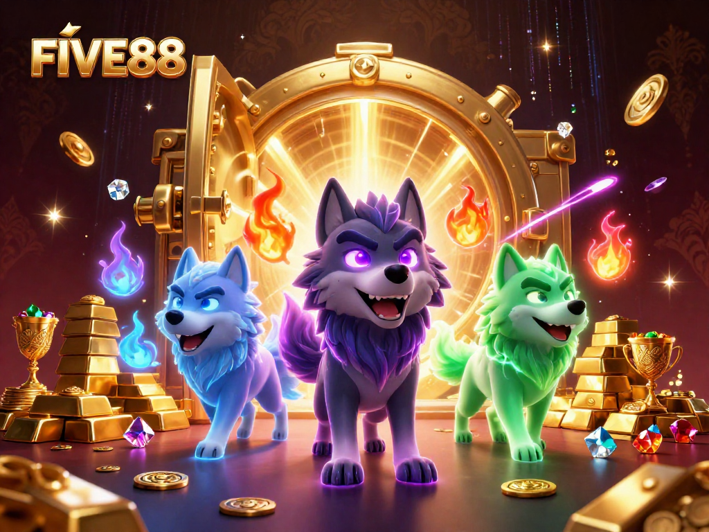 Engage with FIVE88 through an exhilarating 3D casino illustration filled with treasure and vibrant energy.