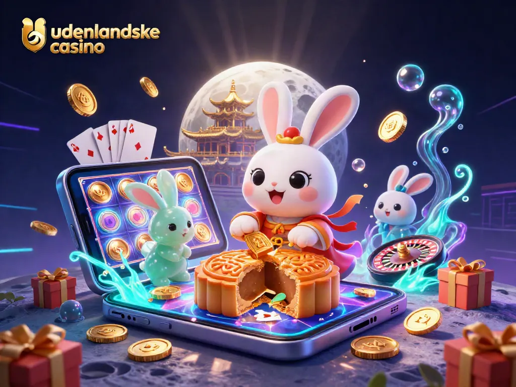 Experience the thrill of udenlandske casino with a vibrant 3D illustration of a moon rabbit amidst casino elements.