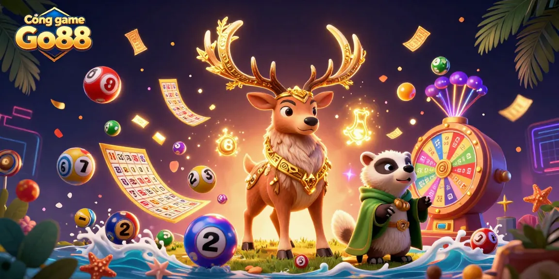 Cổng game Go88 offers a vibrant 3D illustration showcasing a druid stag, lottery elements, and a fun casino experience.