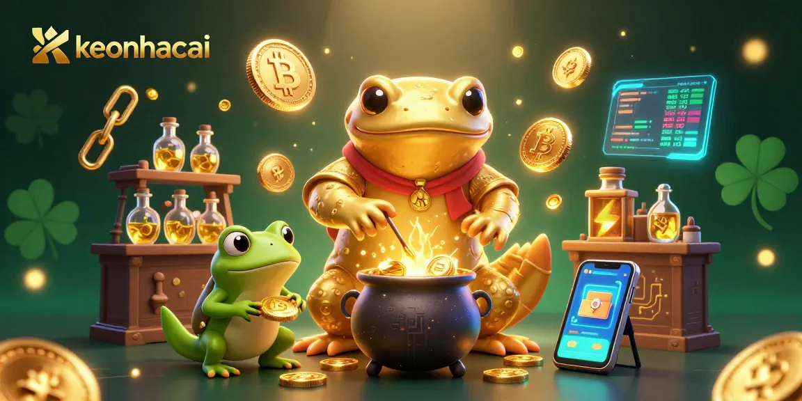 Experience keonhacai with a golden salamander alchemist transforming base metals into gold coins in a vibrant scene.