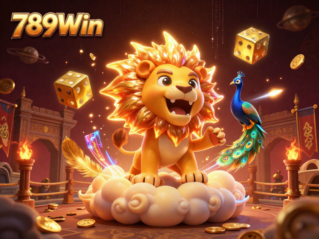 Join the fun at 789Win as the golden lion roars and golden dice tumble through a vibrant casino scene.