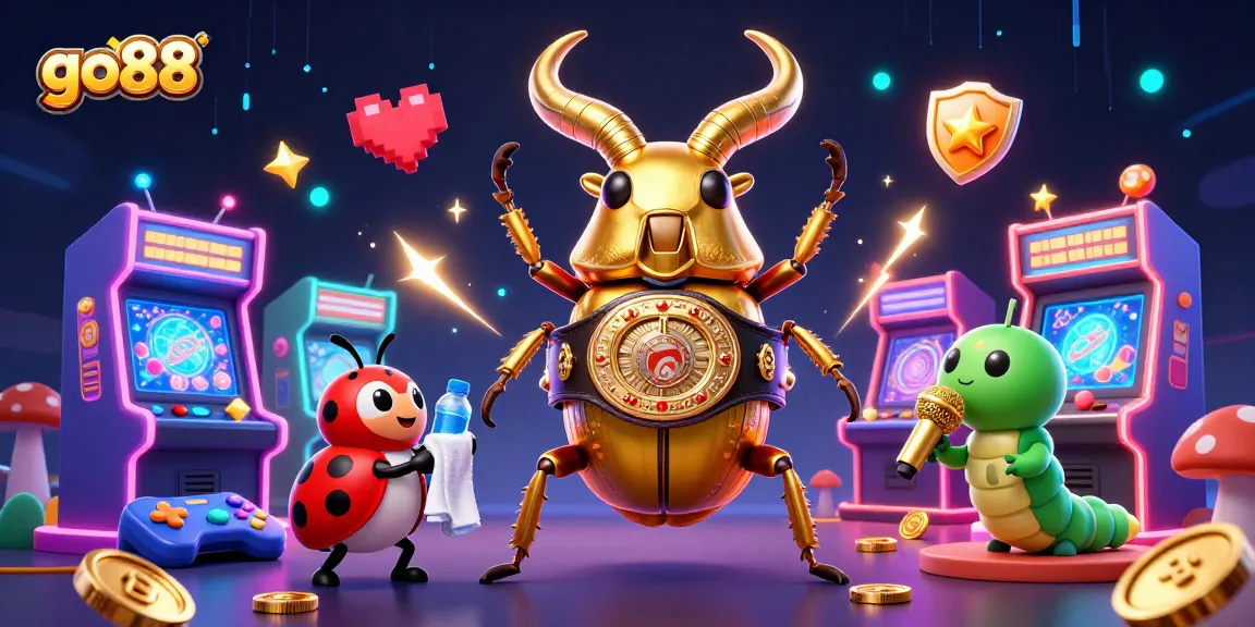 Experience thrilling gaming at go88 with a vibrant illustration featuring a golden beetle champion, game elements, and neon lights.