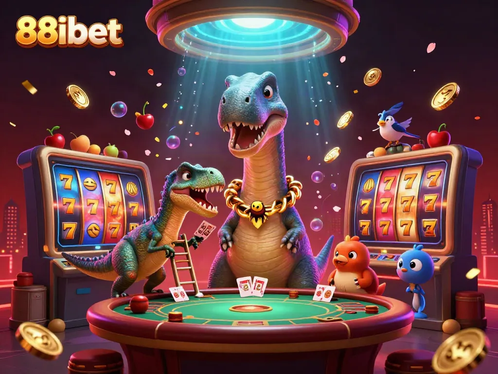 Experience the excitement of 88ibet with a lively casino scene featuring dynamic characters and vibrant slot elements.