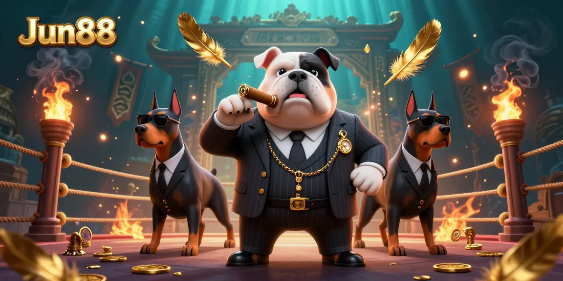Place bets with style at Jun88 Casino, featuring the mafia bulldog and Doberman security in vibrant action.