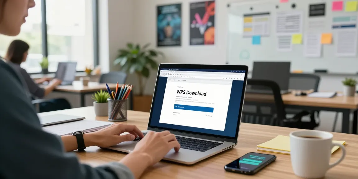 WPS Download process in a modern office workspace featuring a professional using a laptop surrounded by productivity tools.