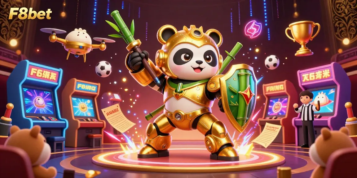 Experience thrilling sports betting action with F8bet's vibrant 3D tournament featuring a golden panda in an arena.