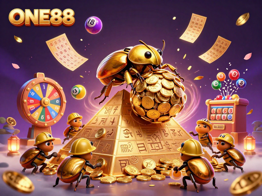 Engage in the excitement of ONE88 with golden beetles rolling coins and colorful lottery elements.
